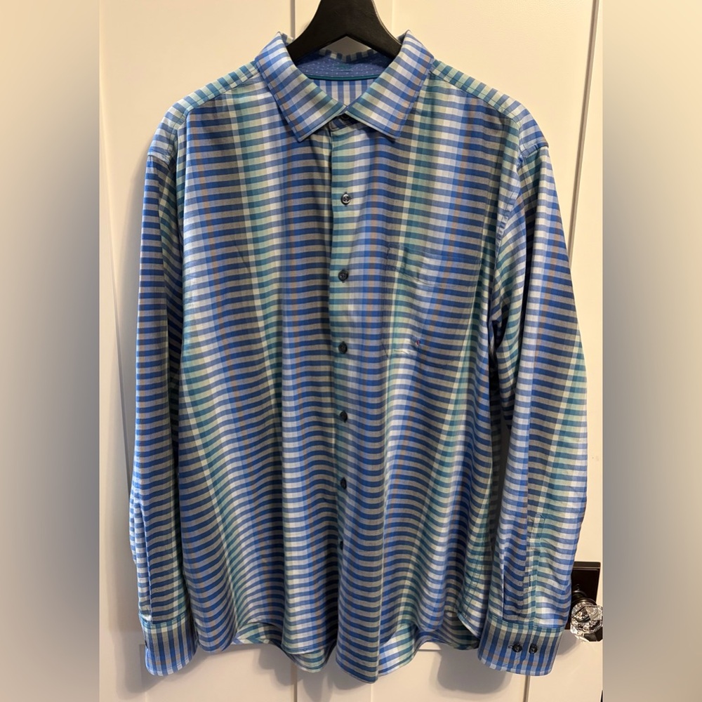 Tommy Bahama Blue and Green Plaid Shirt
